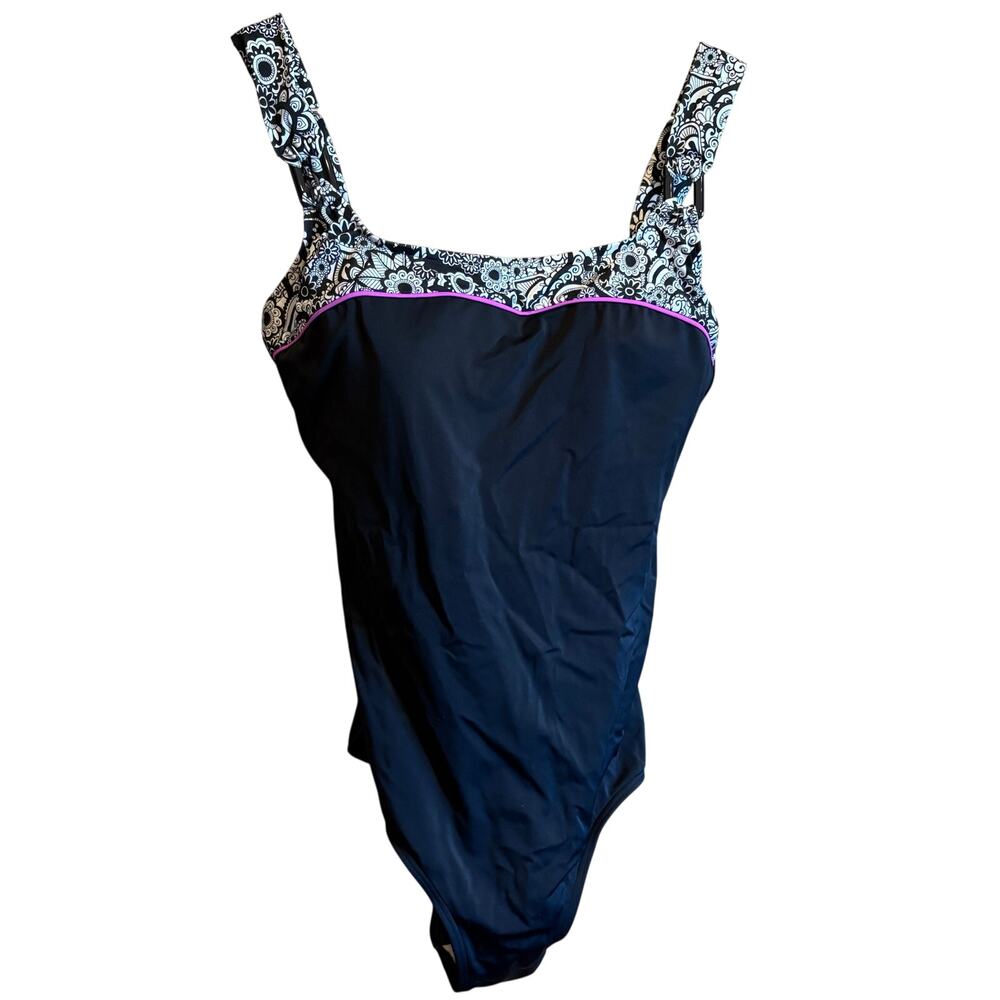 Fit 4 U One Piece Swimsuit Black Pink Navy Floral Size 14